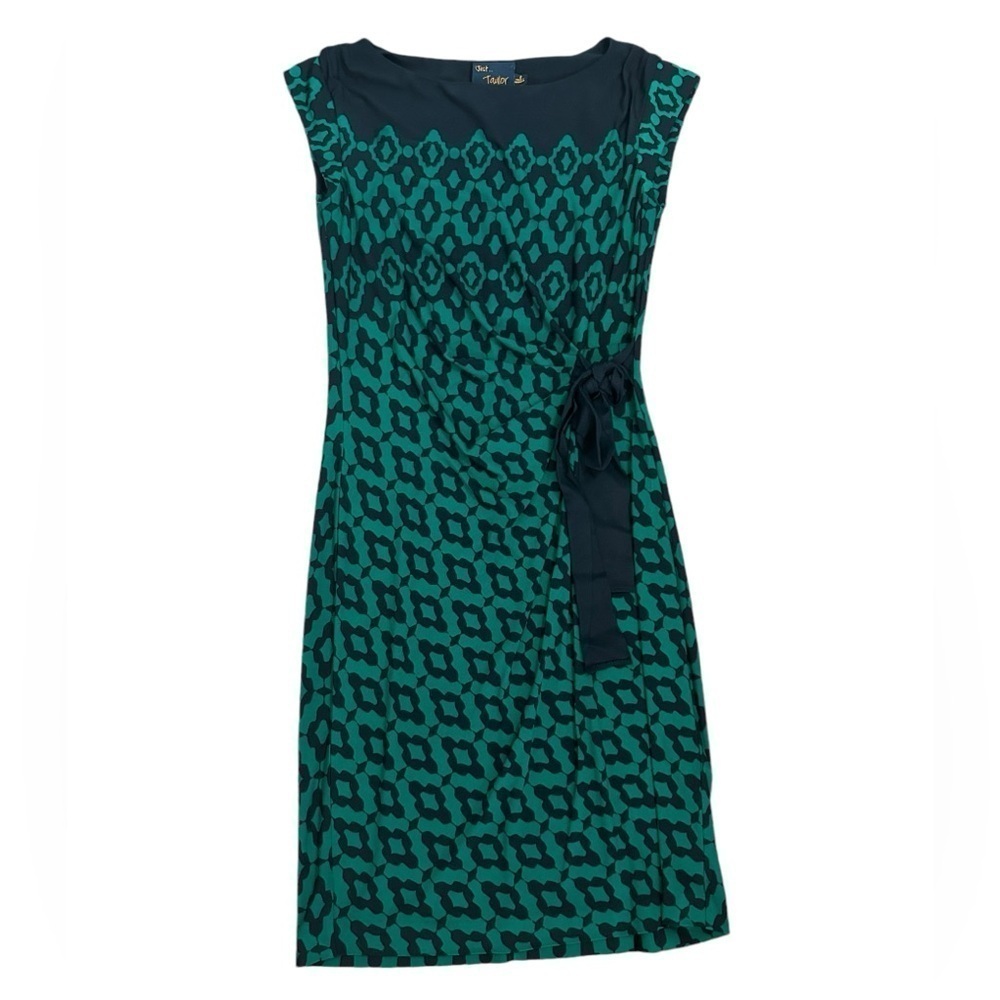 Just Taylor Green Black Geo Print Sheath Faux Wrap Dress Cap Sleeve Women’s Sz 2